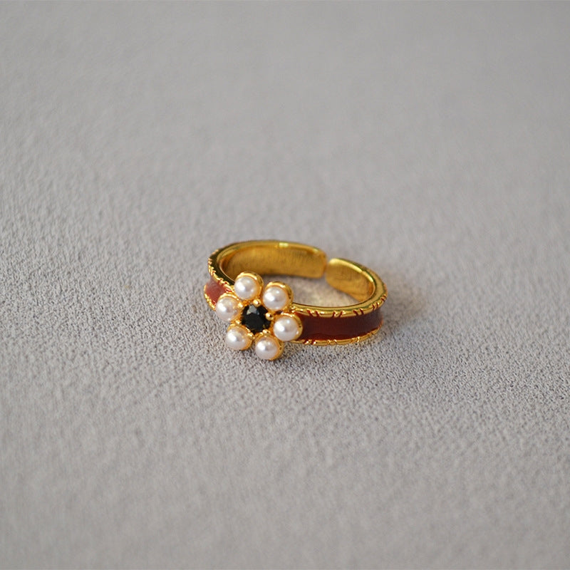 Brass Enamel Pearl Flower Adjustable Ring