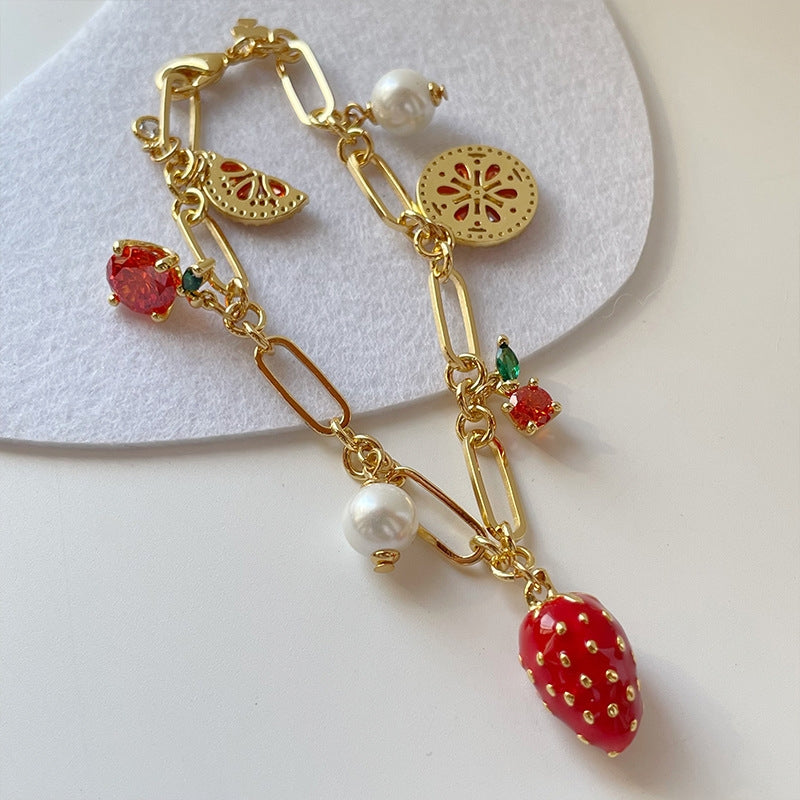 Strawberry Zircon Enamel Bracelet with Pearl Inlay and Real Gold Plating