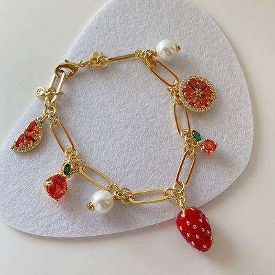 Strawberry Zircon Enamel Bracelet with Pearl Inlay and Real Gold Plating