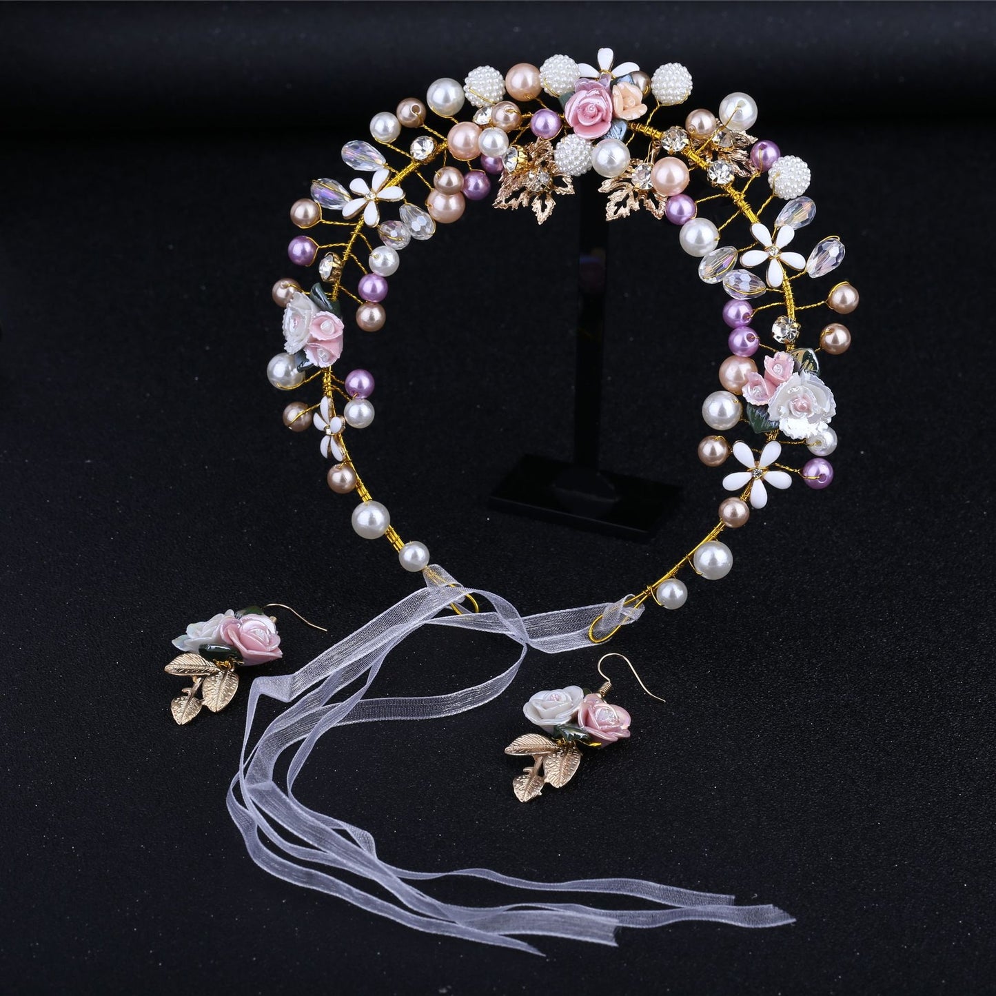 Bridal Pearl Ceramic Flower Headband and Earrings Set