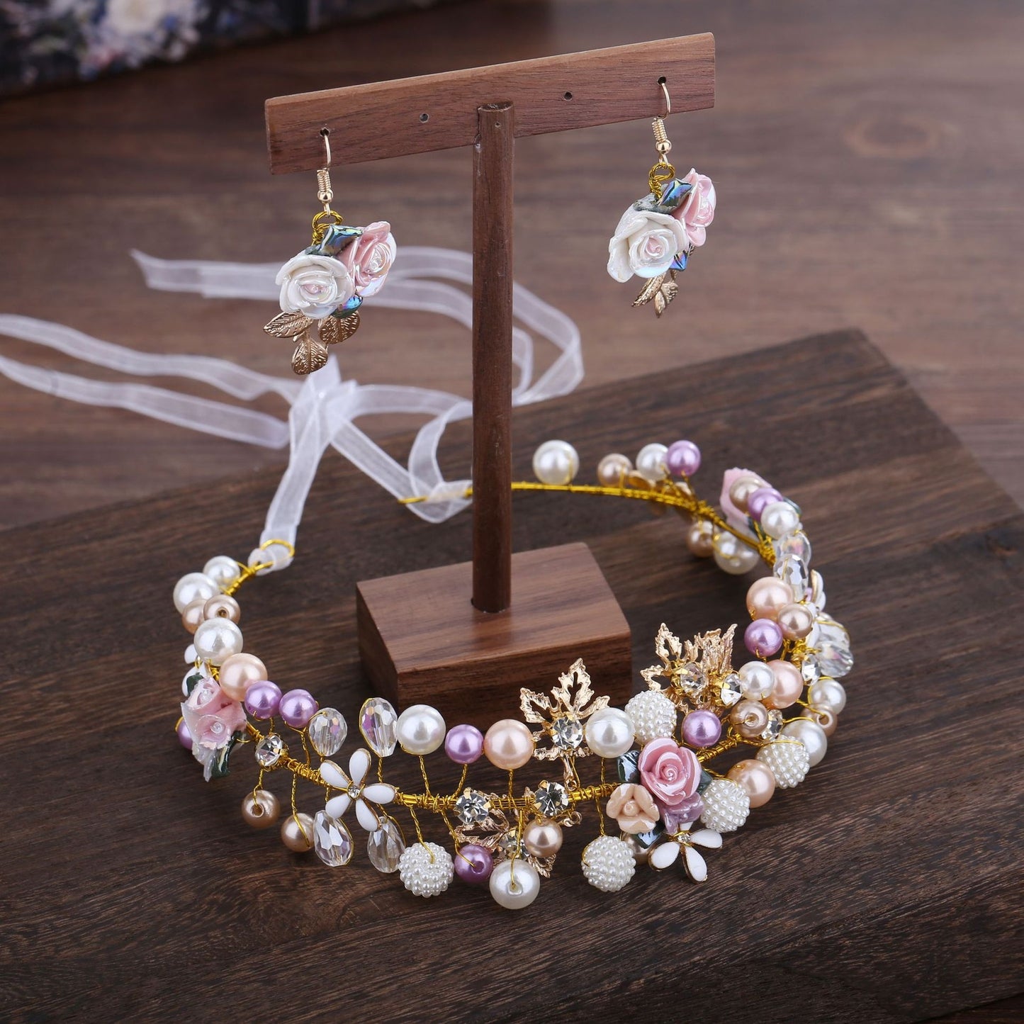 Bridal Pearl Ceramic Flower Headband and Earrings Set