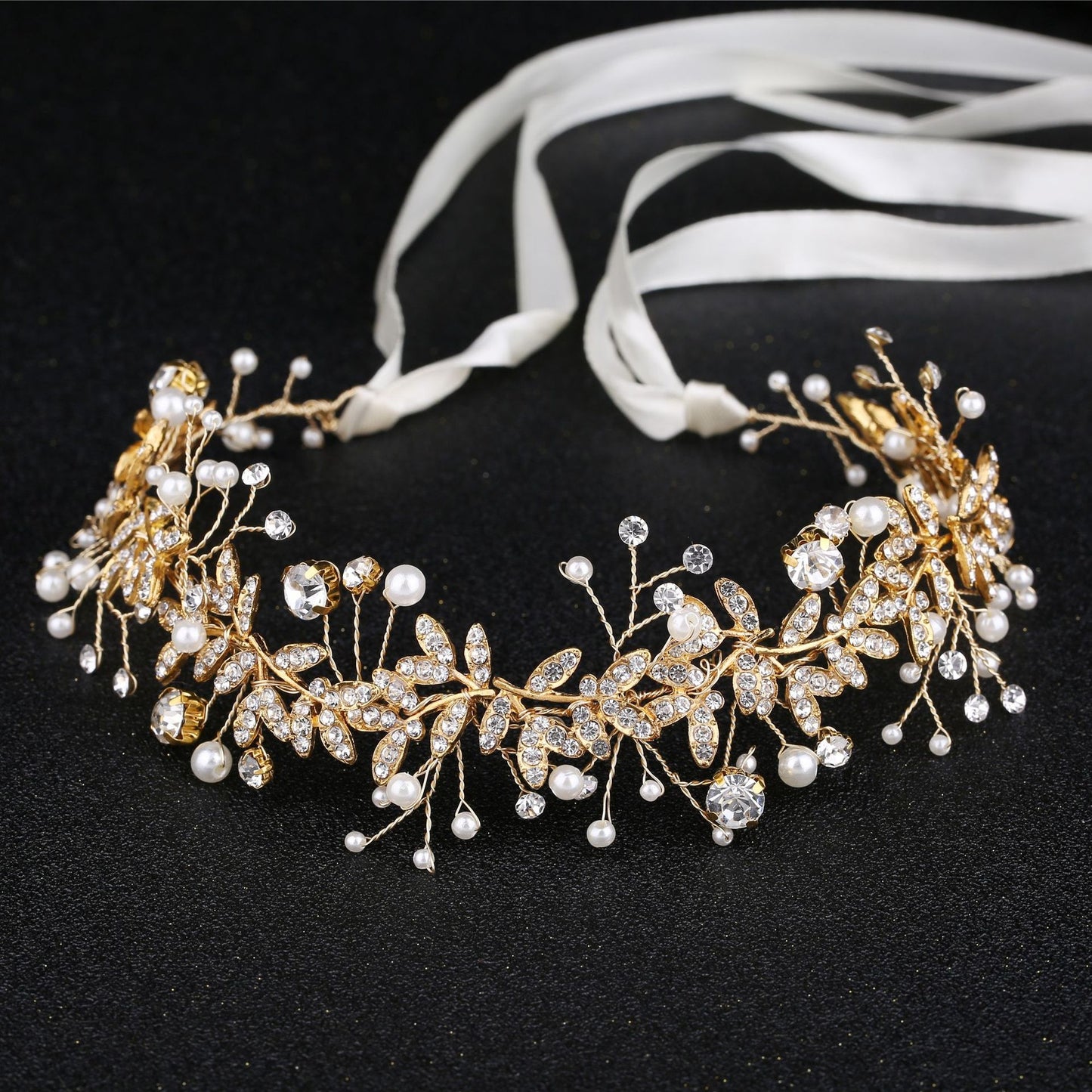 Bridal Leaf Alloy Pearl and Diamond Wedding Headband