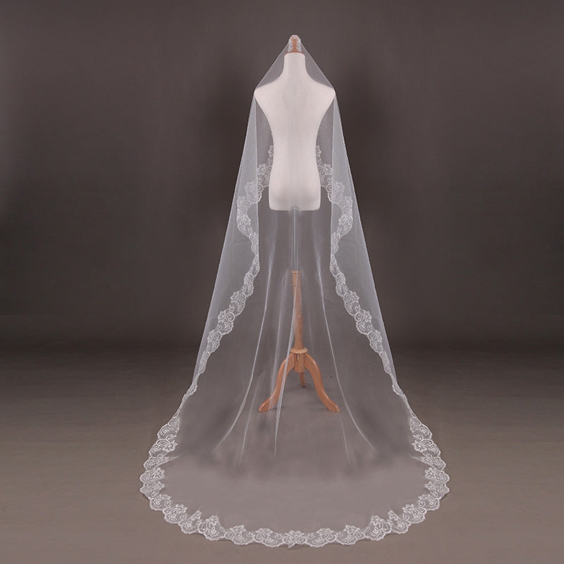 Bridal Lace Flower Edge Long Wedding Veil with Birdcage Design