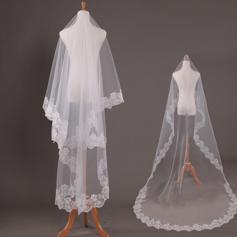 Bridal Lace Flower Edge Long Wedding Veil with Birdcage Design