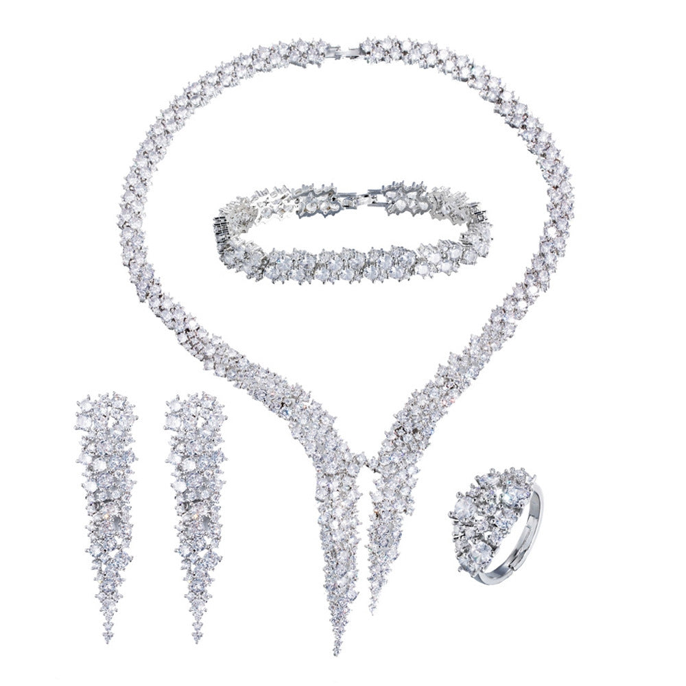 Bridal Luxury Rhinestone Necklace Earrings Bracelet Ring Jewelry Set in White Gold Plated Copper