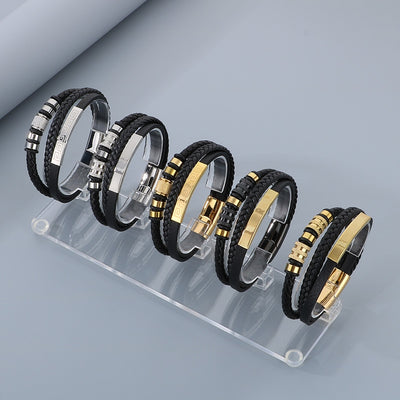 Men's Geometric Stainless Steel & Leather Bracelet with Magnetic Clasp