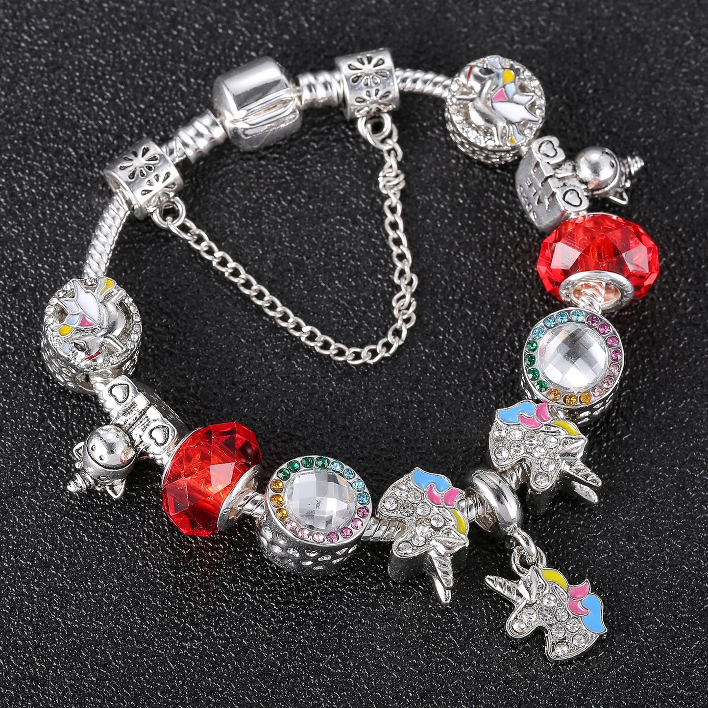 Cartoon Animal Crystal Rhinestone Unicorn Bracelet with Purple Opal Beads