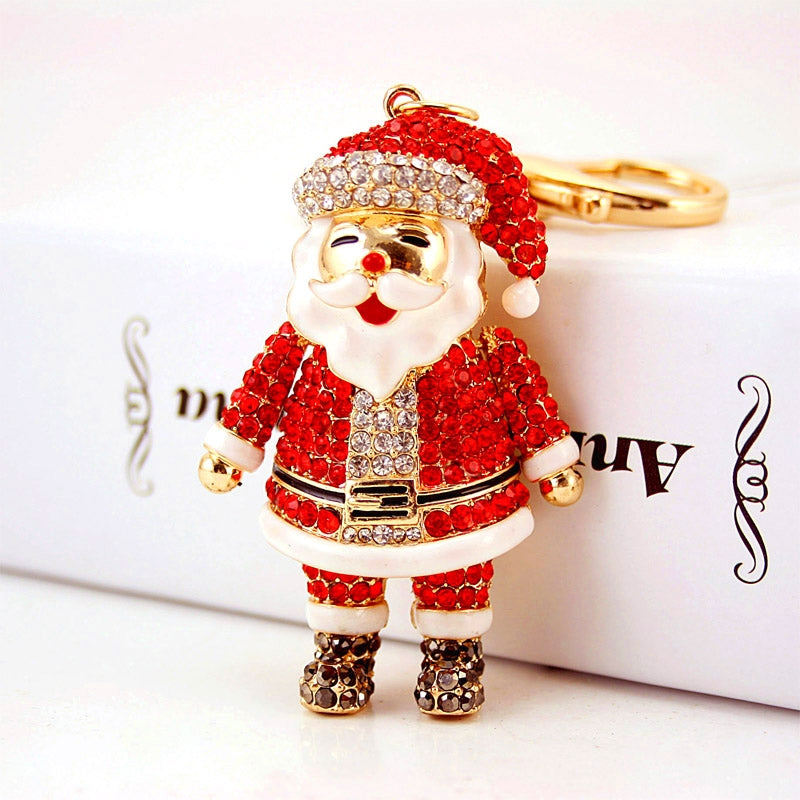 Cartoon Santa Claus Alloy Enamel Rhinestone Christmas Keychain Pendant for Women