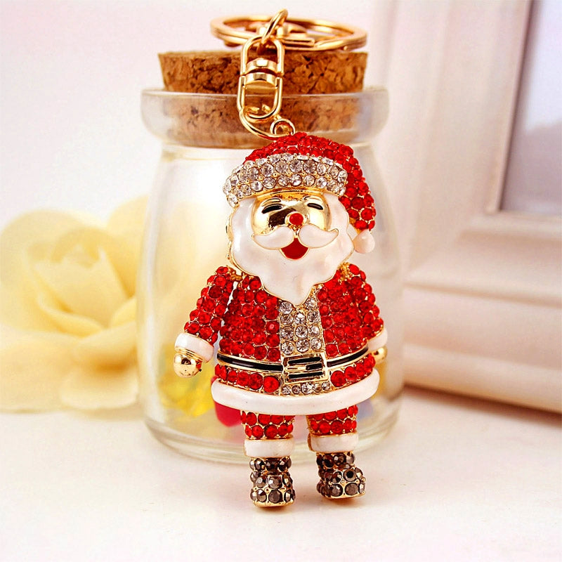 Cartoon Santa Claus Alloy Enamel Rhinestone Christmas Keychain Pendant for Women