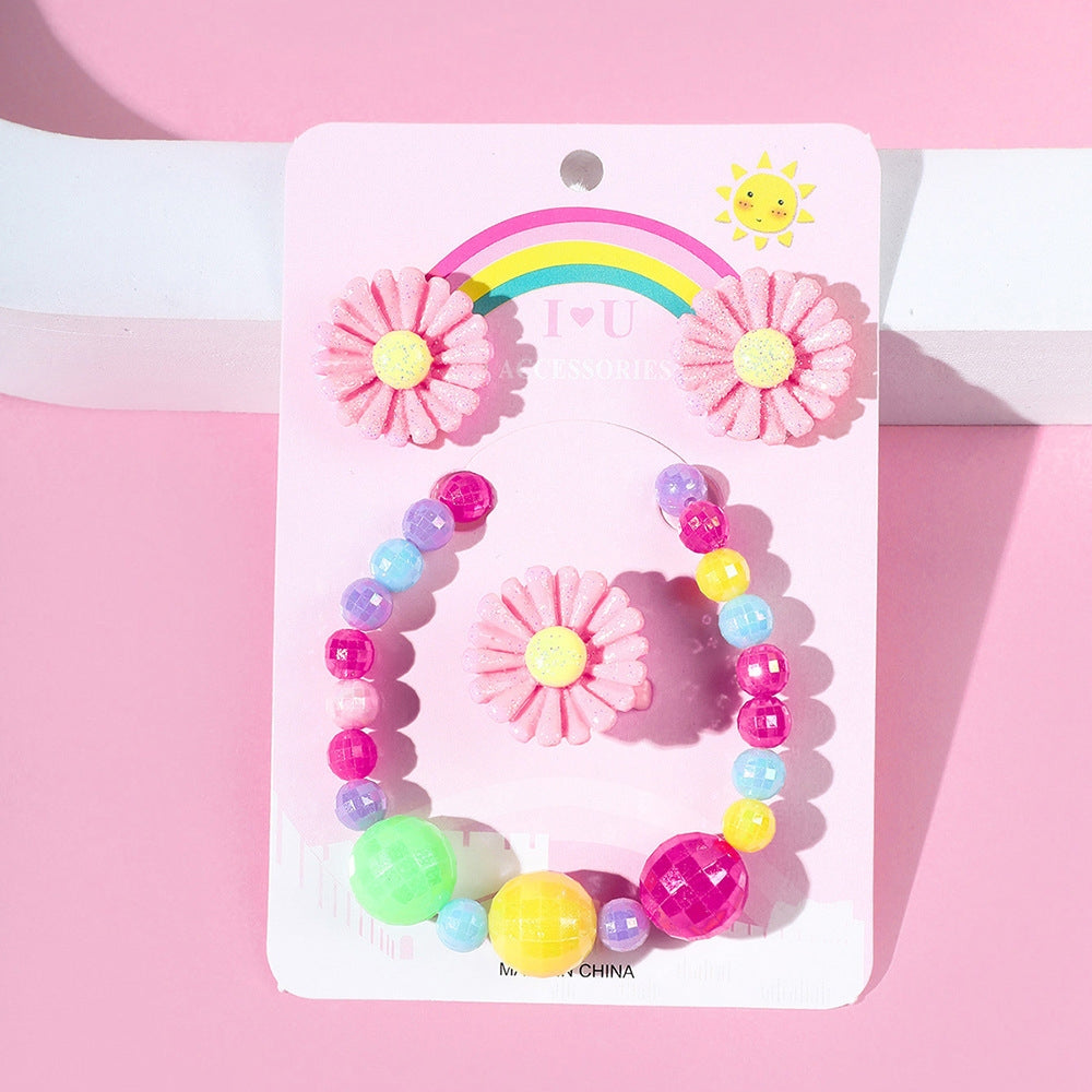 Cartoon Flower Acrylic Beaded Jewelry Set for Kids - Rings, Bracelets, Earrings