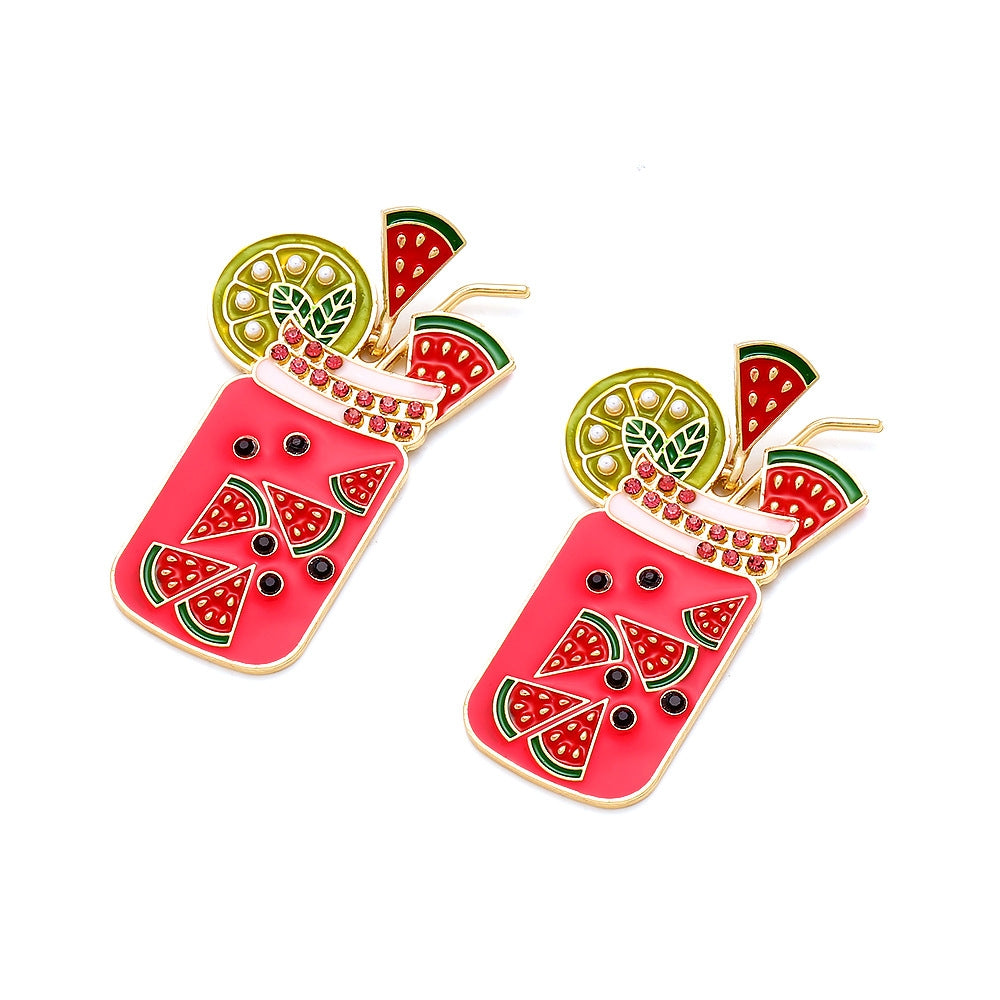 Cartoon Fruit Enamel Zinc Alloy Juice Cup Drop Earrings for Women