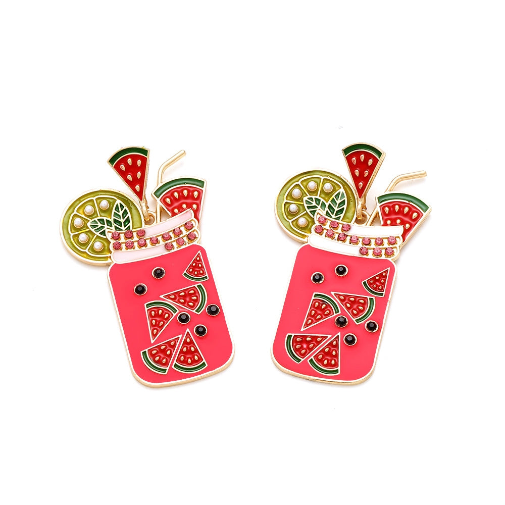 Cartoon Fruit Enamel Zinc Alloy Juice Cup Drop Earrings for Women