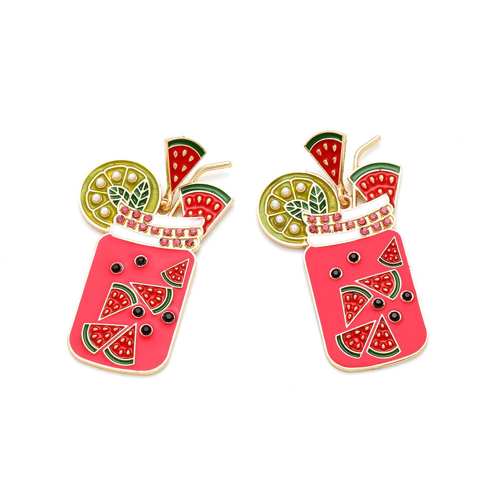 Cartoon Fruit Enamel Zinc Alloy Juice Cup Drop Earrings for Women