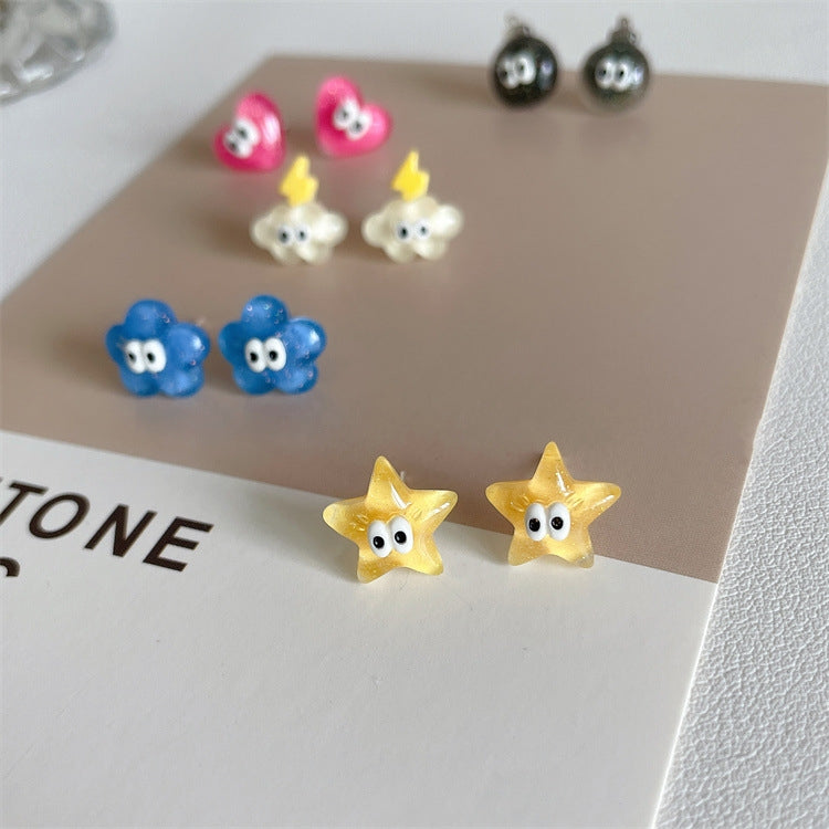 Cartoon Heart & Star Resin Epoxy 925 Silver Stud Earrings for Women