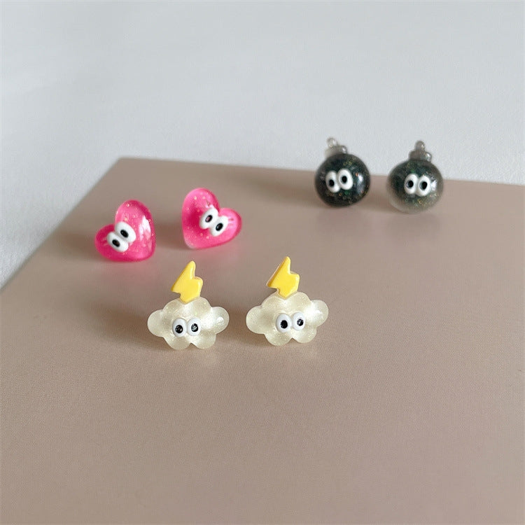 Cartoon Heart & Star Resin Epoxy 925 Silver Stud Earrings for Women