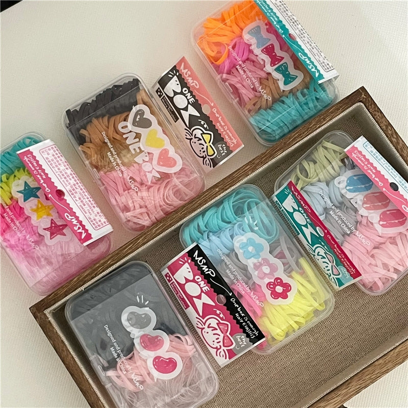 Cartoon Multicolor Elastic Hair Bands in Cream Box - 100 Pieces