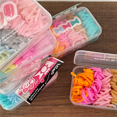 Cartoon Multicolor Elastic Hair Bands in Cream Box - 100 Pieces