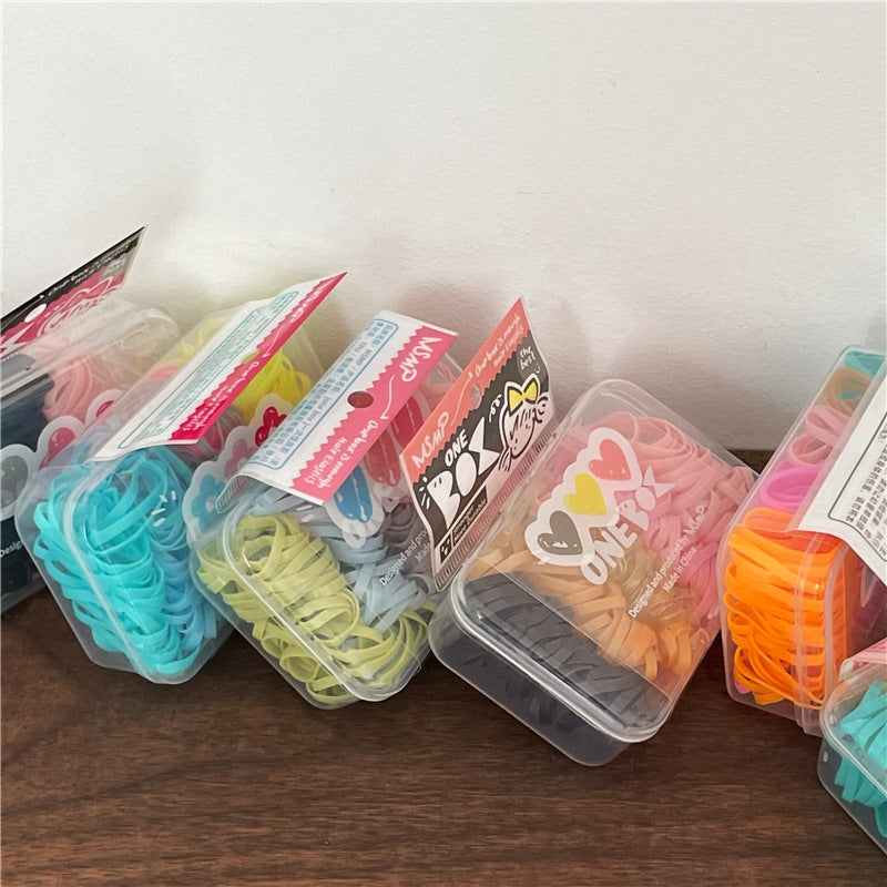 Cartoon Multicolor Elastic Hair Bands in Cream Box - 100 Pieces