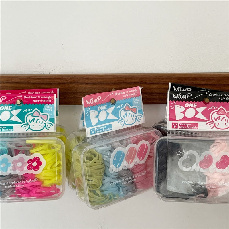 Cartoon Multicolor Elastic Hair Bands in Cream Box - 100 Pieces