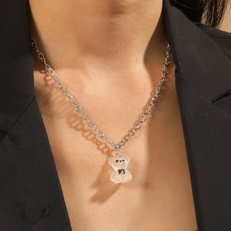 Cartoon 3D Bear Pendant Alloy Necklace with Bowknot and Heart Design