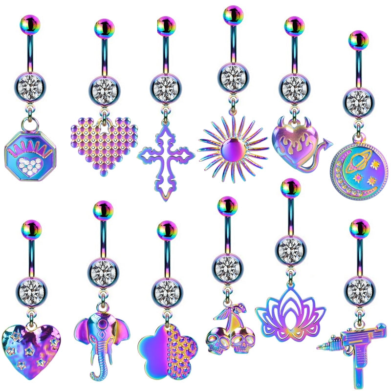 Colorful Floral & Animal Stainless Steel Belly Ring Set with Rhinestones