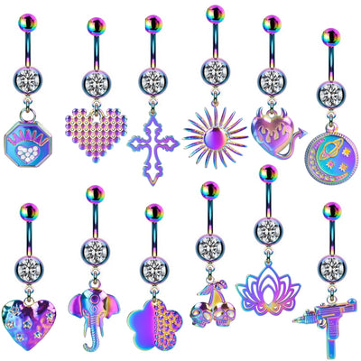 Colorful Floral & Animal Stainless Steel Belly Ring Set with Rhinestones