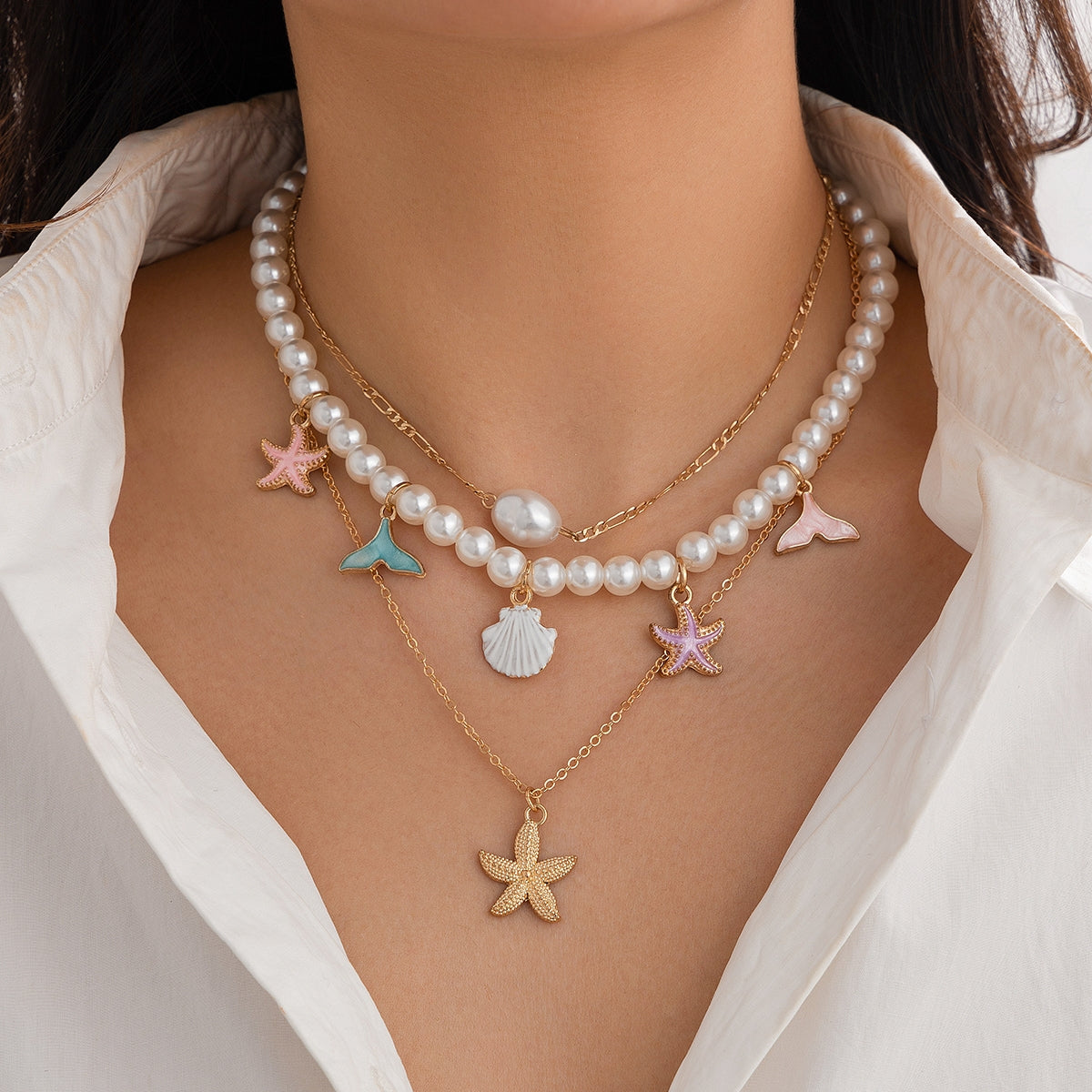 Bohemian Baroque Style Beach Pentagram Shell and Fish Tail Imitation Pearl Pendant Necklace Set