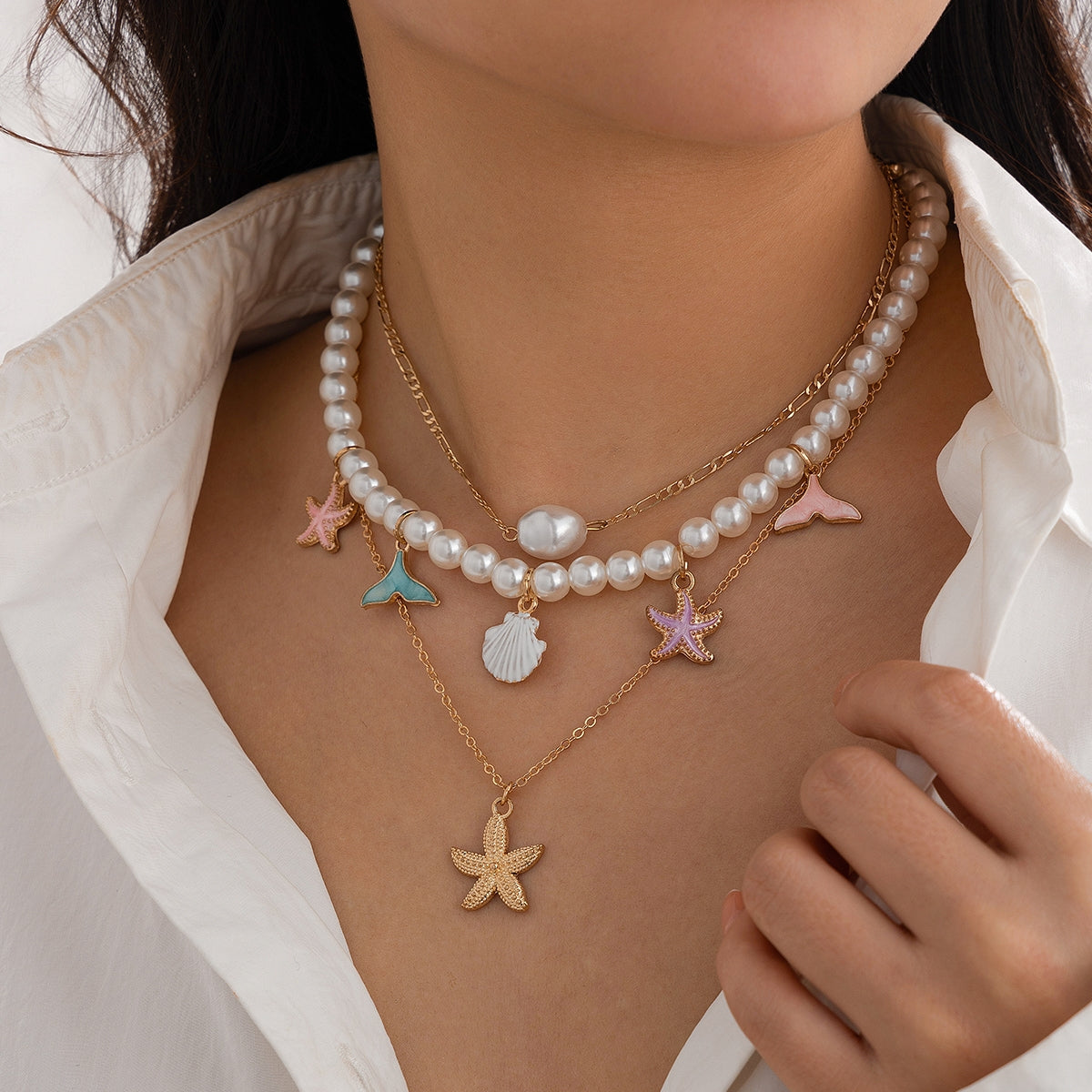 Bohemian Baroque Style Beach Pentagram Shell and Fish Tail Imitation Pearl Pendant Necklace Set