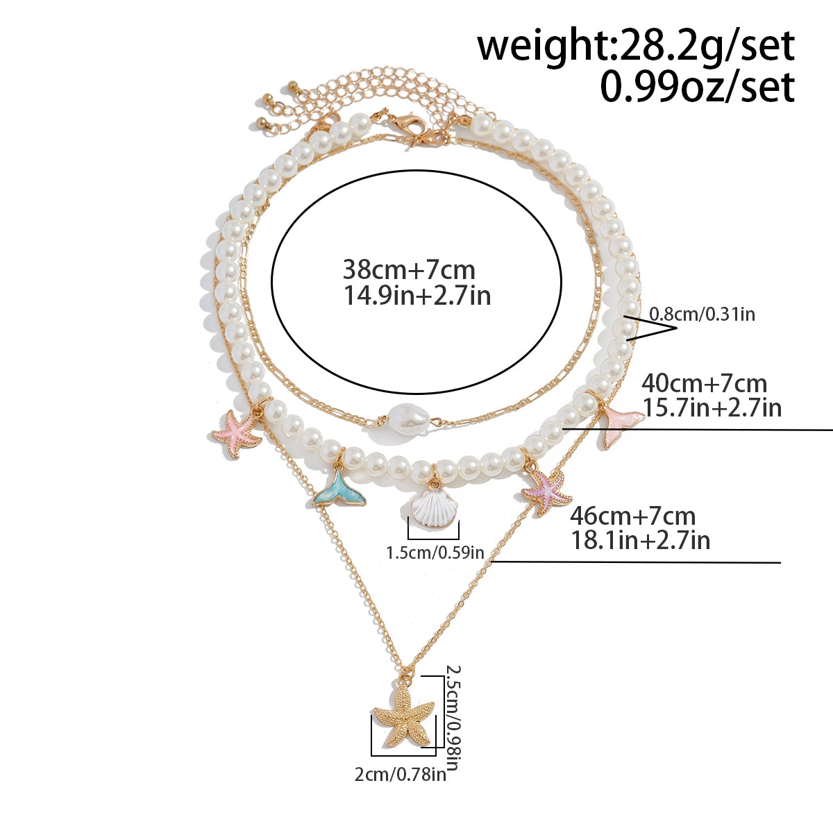 Bohemian Baroque Style Beach Pentagram Shell and Fish Tail Imitation Pearl Pendant Necklace Set