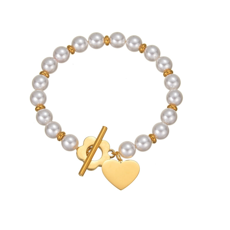 Baroque Heart & Love Flower Stainless Steel Pearl Bracelet - Modern Niche Design