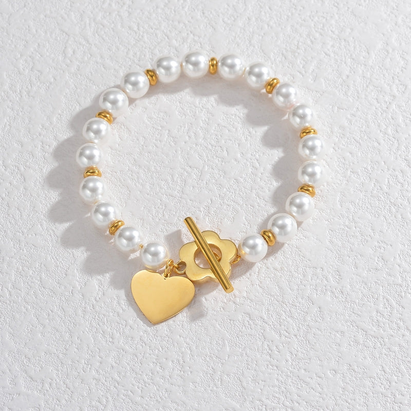 Baroque Heart & Love Flower Stainless Steel Pearl Bracelet - Modern Niche Design