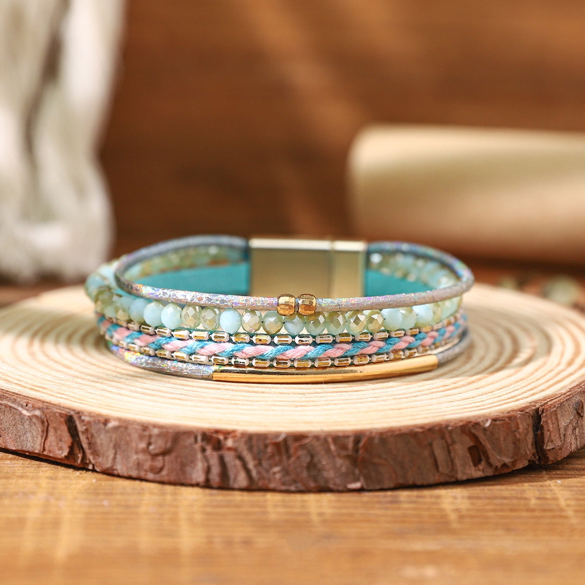 Bohemian Multi-Layered Beaded PU Leather Women's Bracelet with Magnetic Clasp