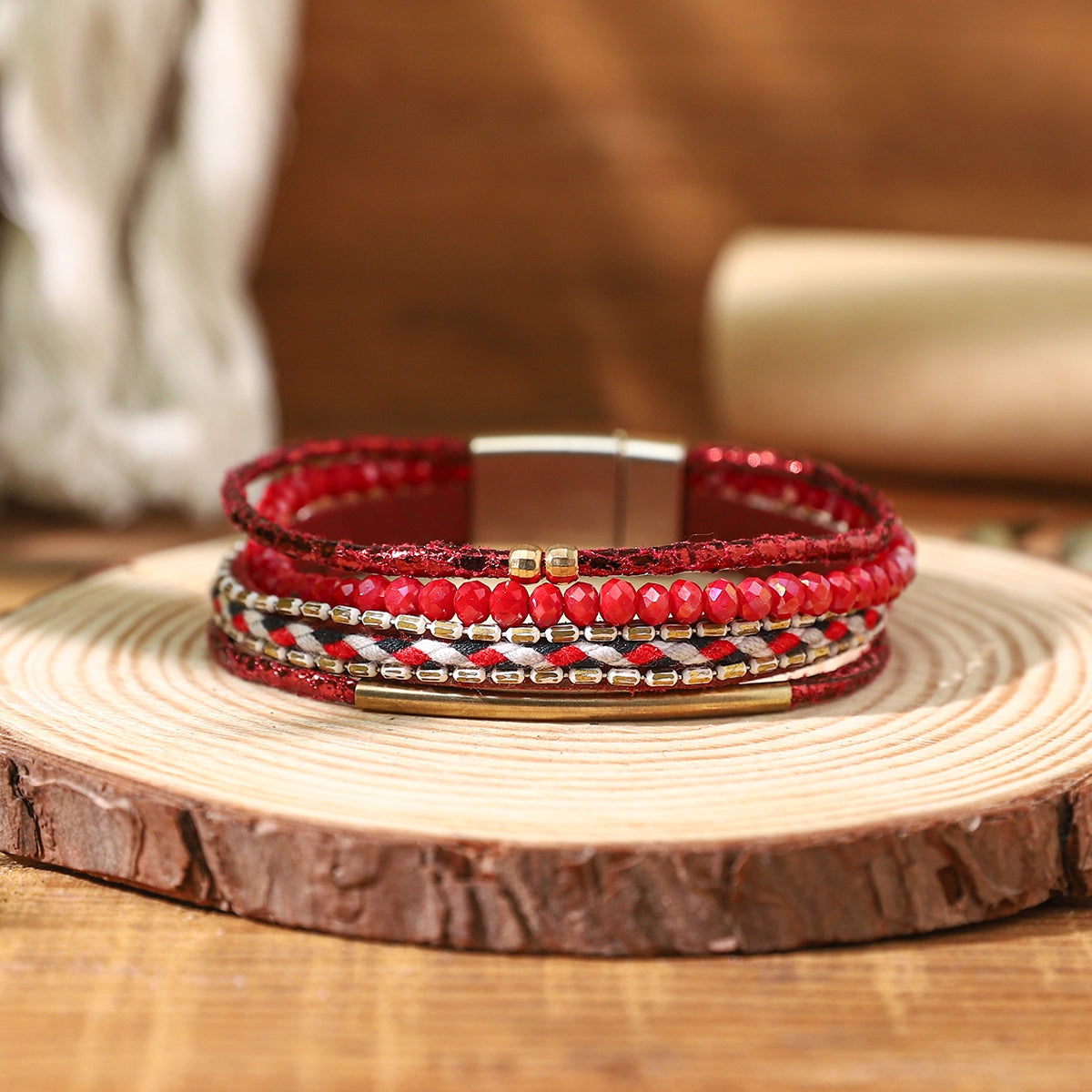 Bohemian Multi-Layered Beaded PU Leather Women's Bracelet with Magnetic Clasp