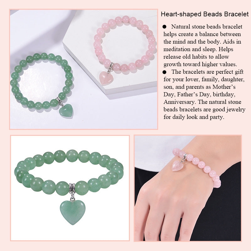 Casual Heart Shape Natural Stone & Green Crystal Beaded Bracelet with Peach Heart Pendant Women's Jewelry