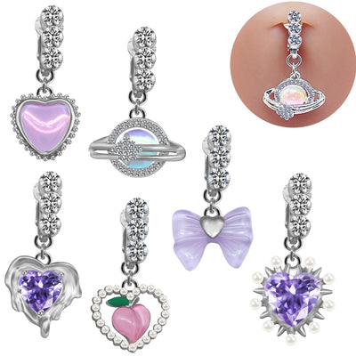 Casual Heart-Shaped Opal and Rhinestone Belly Ring Set in Stainless Steel and White Gold Plating