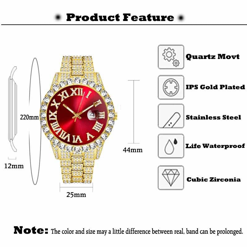 Casual Color Block Luxury Steel Band Quartz Men's Watch with Diamond-Set Cuban Bracelet