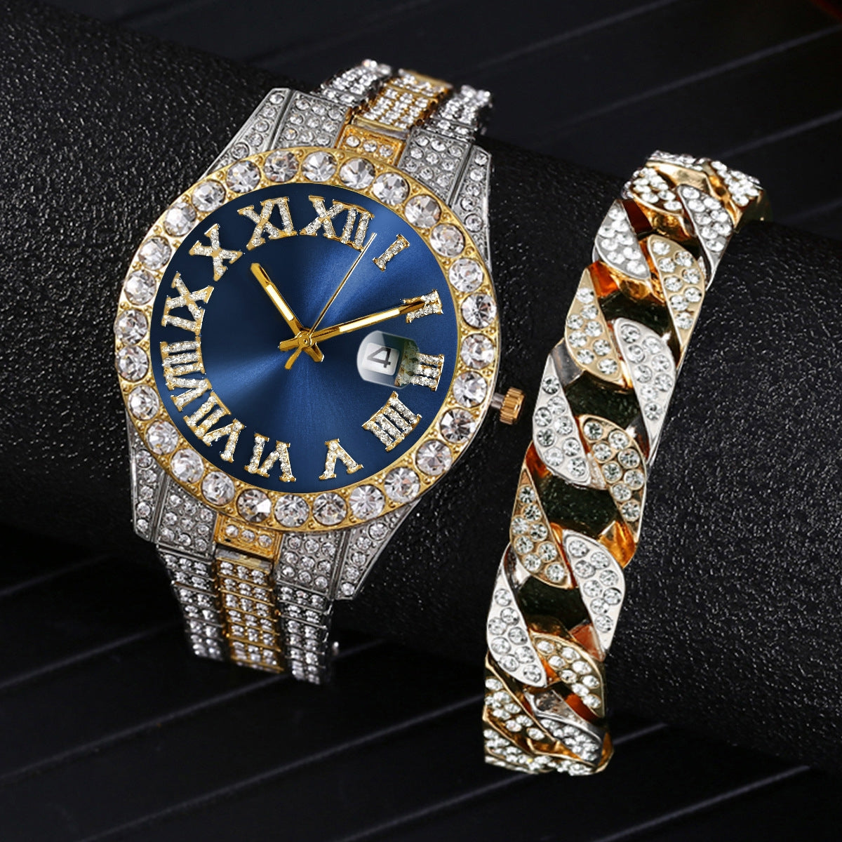 Casual Color Block Luxury Steel Band Quartz Men's Watch with Diamond-Set Cuban Bracelet