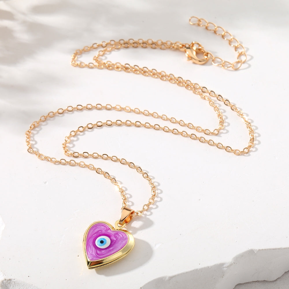 Casual Heart Shape Alloy Copper Pendant Necklace with Evil Eye Photo Locket