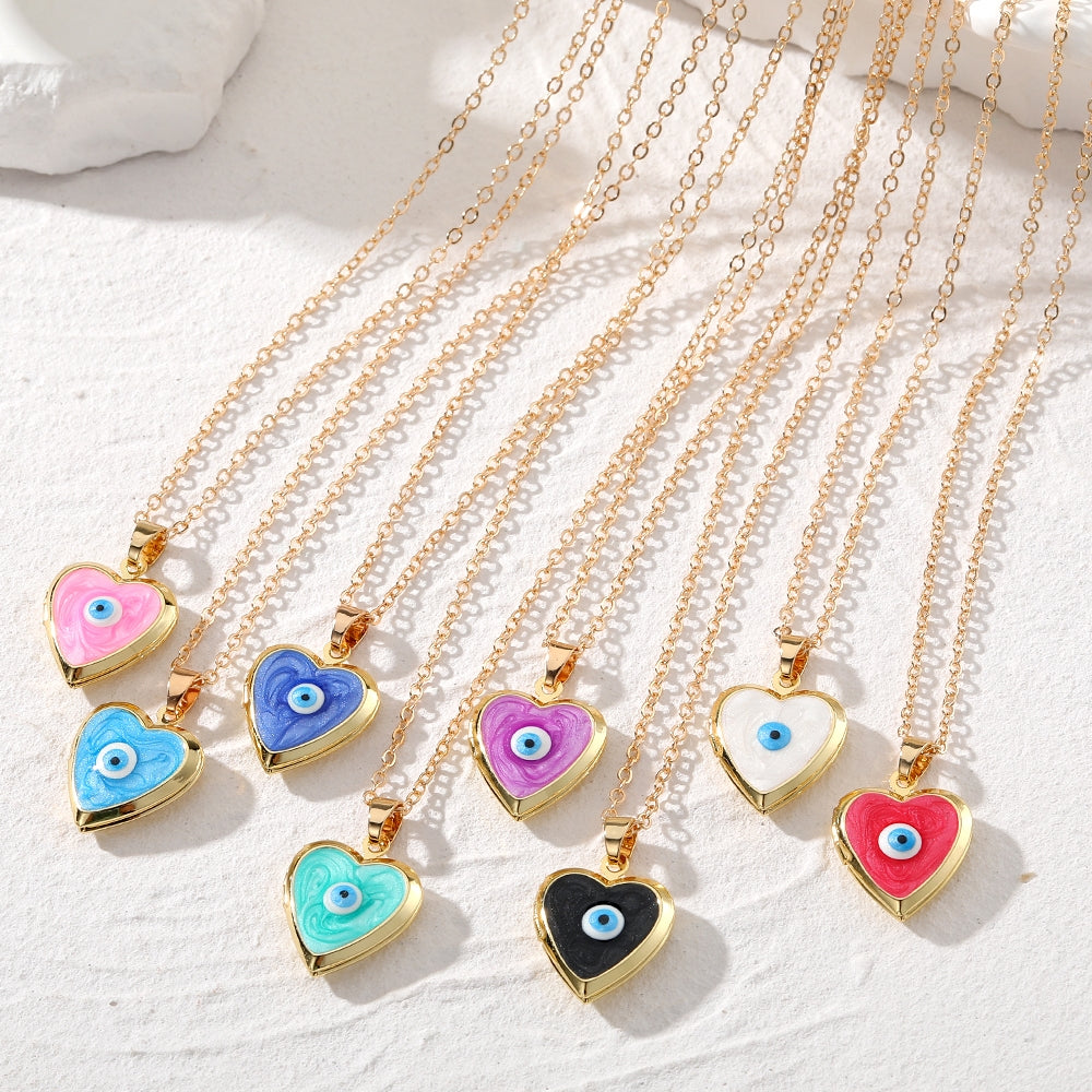 Casual Heart Shape Alloy Copper Pendant Necklace with Evil Eye Photo Locket