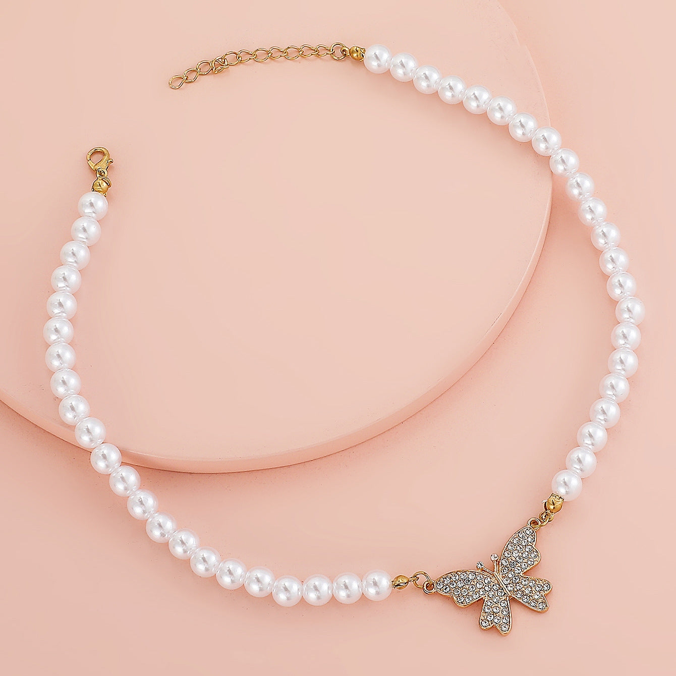 Elegant Butterfly Pearl Rhinestone Pendant Necklace for Women