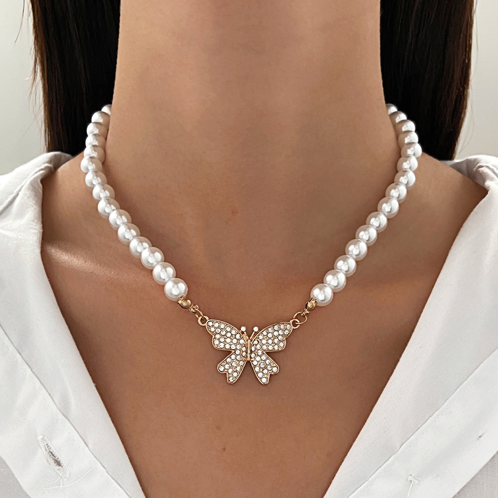 Elegant Butterfly Pearl Rhinestone Pendant Necklace for Women