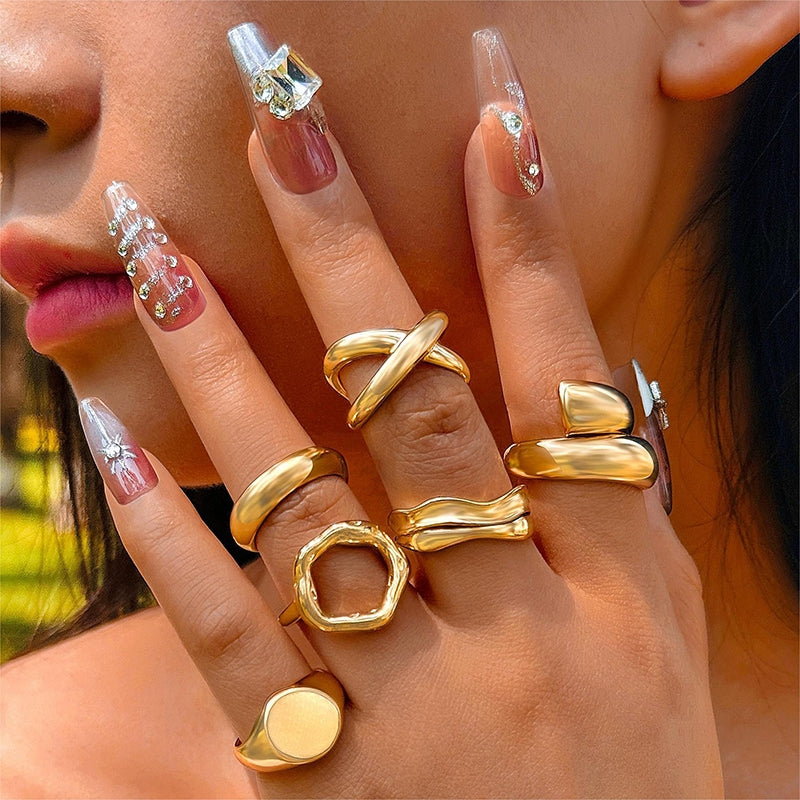 Elegant Geometric Alloy Open Rings Set - Creative Gold Hand Design