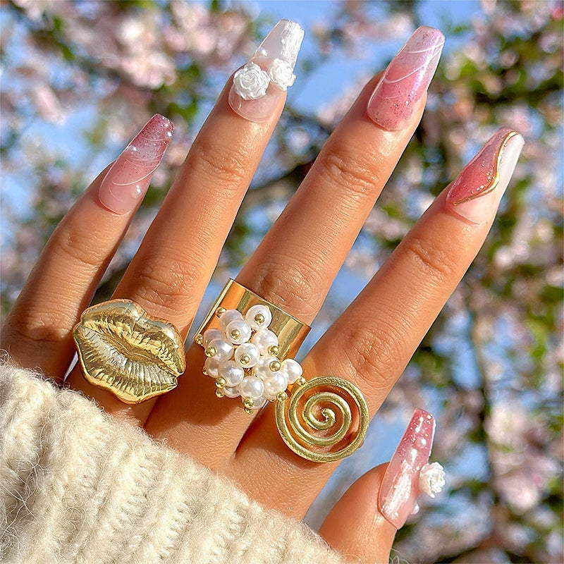 Elegant Pearl Inlay Lip Design Women's Ring Set - Vintage Gold Spiral Pattern Trio