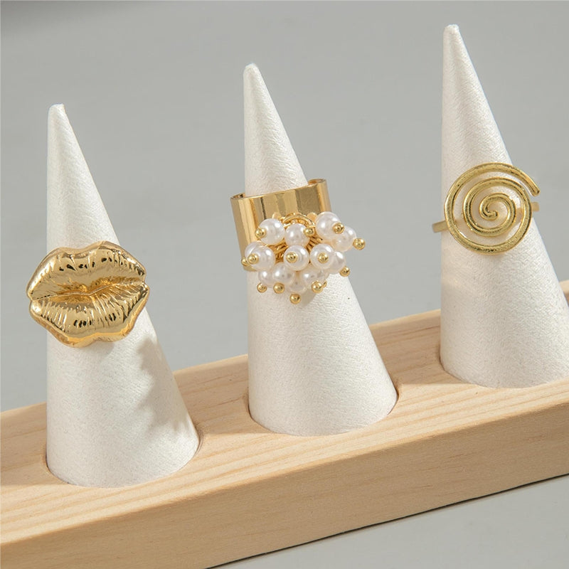 Elegant Pearl Inlay Lip Design Women's Ring Set - Vintage Gold Spiral Pattern Trio