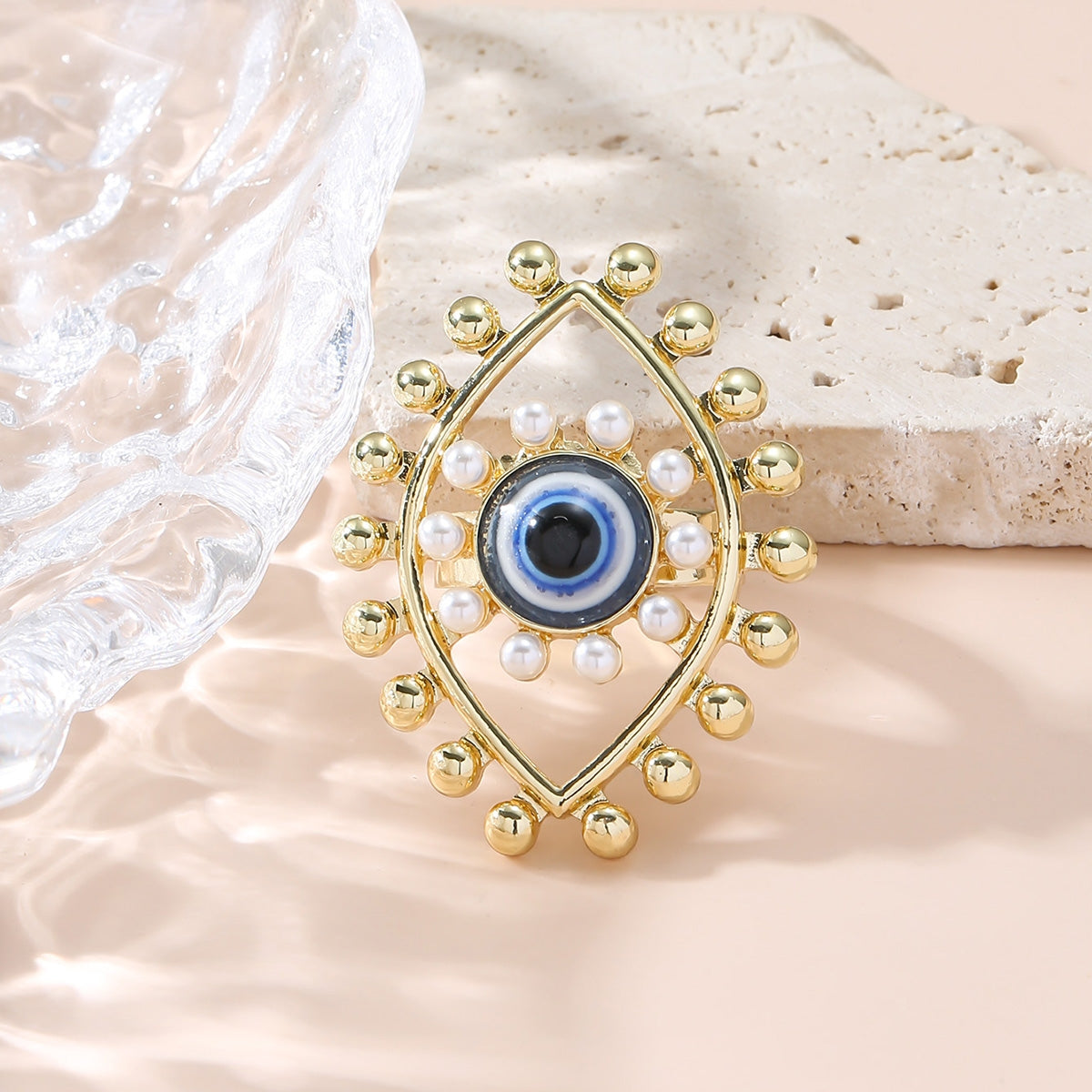 Casual Ethnic Devil's Eye Pearl Inlay Women's Open Ring