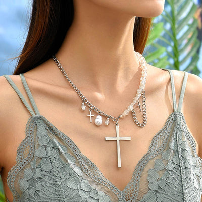 Casual Bohemian Beaded Asymmetric Cross Pendant Necklace for Women