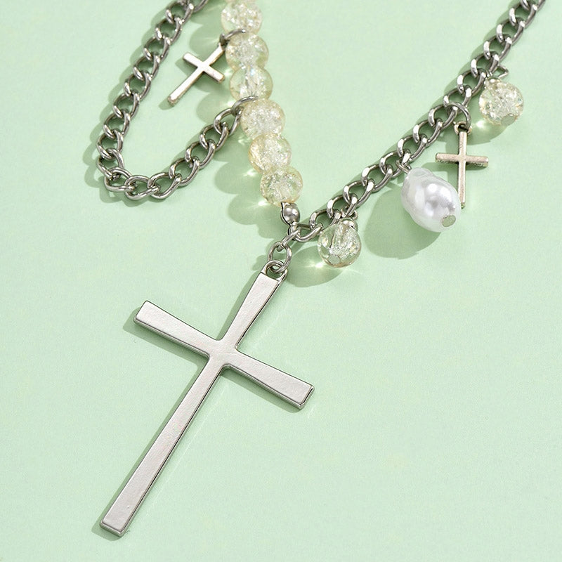 Casual Bohemian Beaded Asymmetric Cross Pendant Necklace for Women