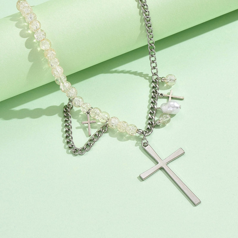 Casual Bohemian Beaded Asymmetric Cross Pendant Necklace for Women