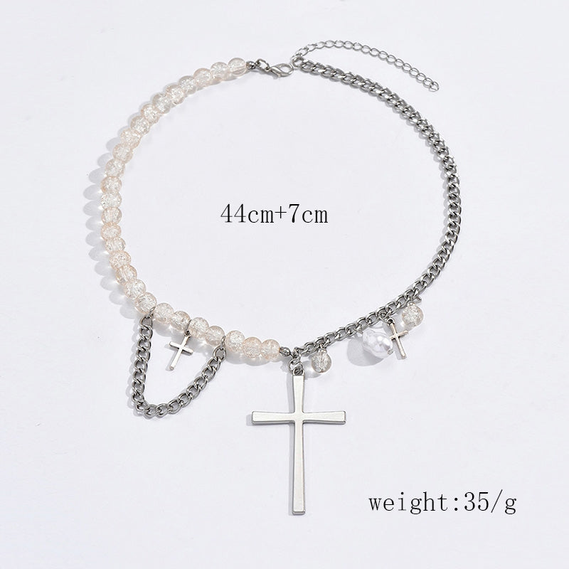 Casual Bohemian Beaded Asymmetric Cross Pendant Necklace for Women