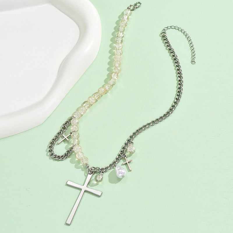 Casual Bohemian Beaded Asymmetric Cross Pendant Necklace for Women